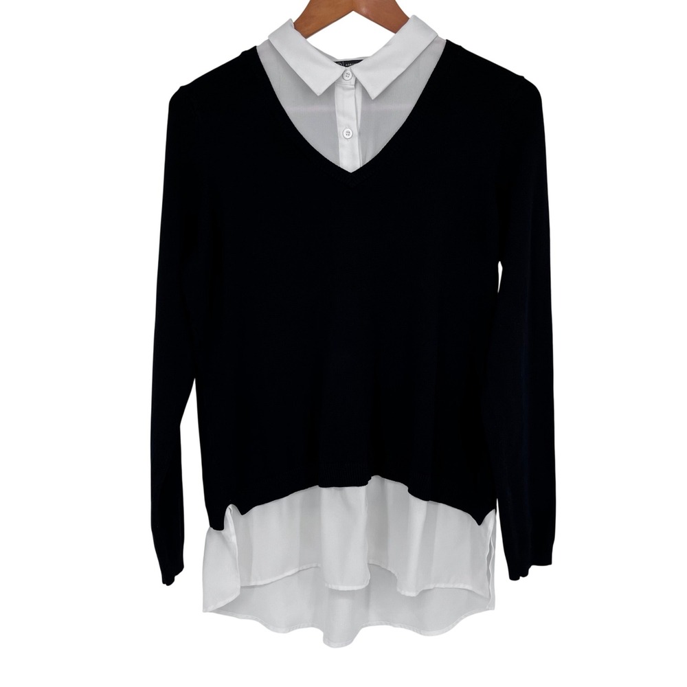 Adrianna Papell Layered Sweater Womens Large Black White Preppy‎ Academia Mono